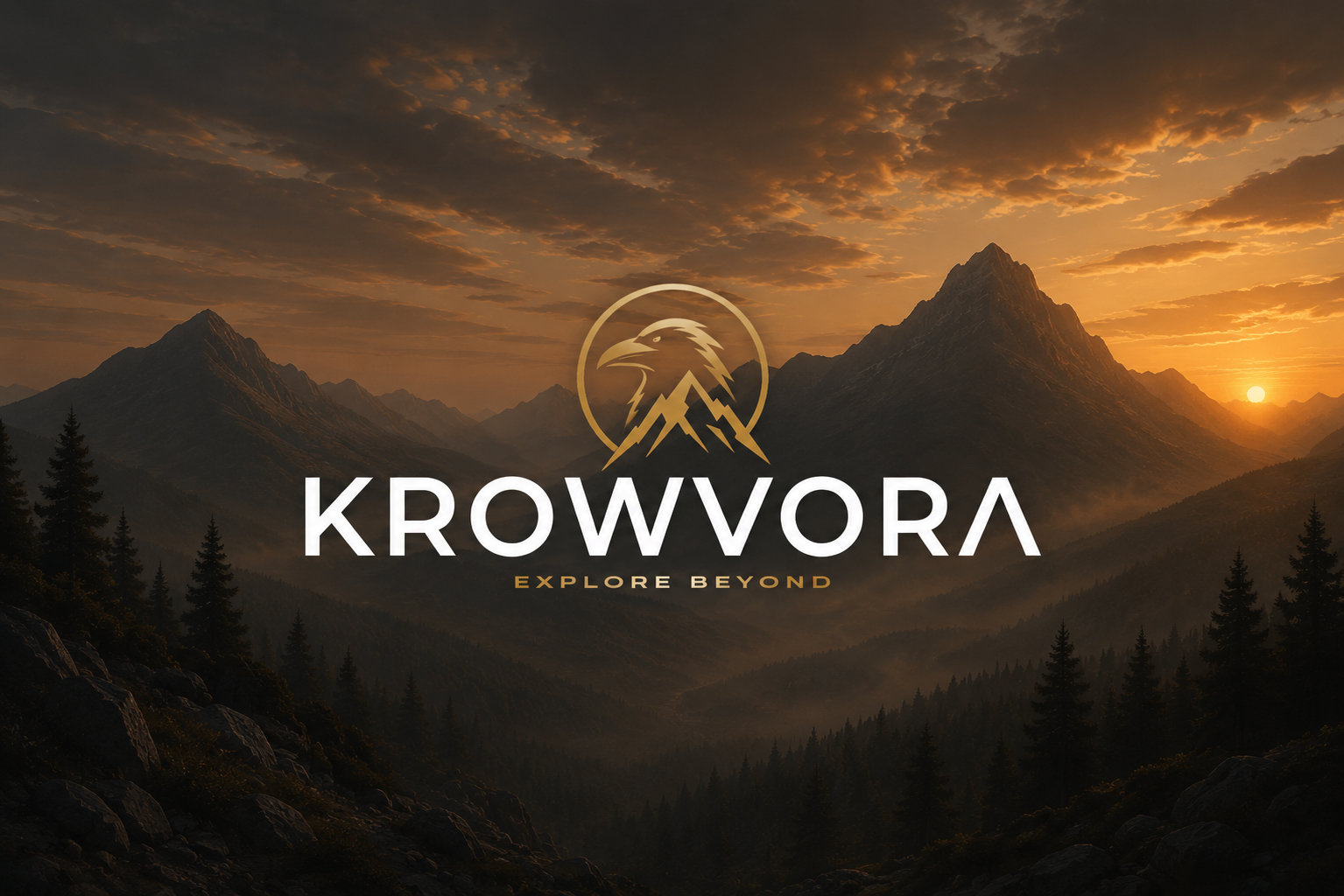 Krowvora Brand logo with a sunset mountain valley, misty fog, trees, rocky terrain.