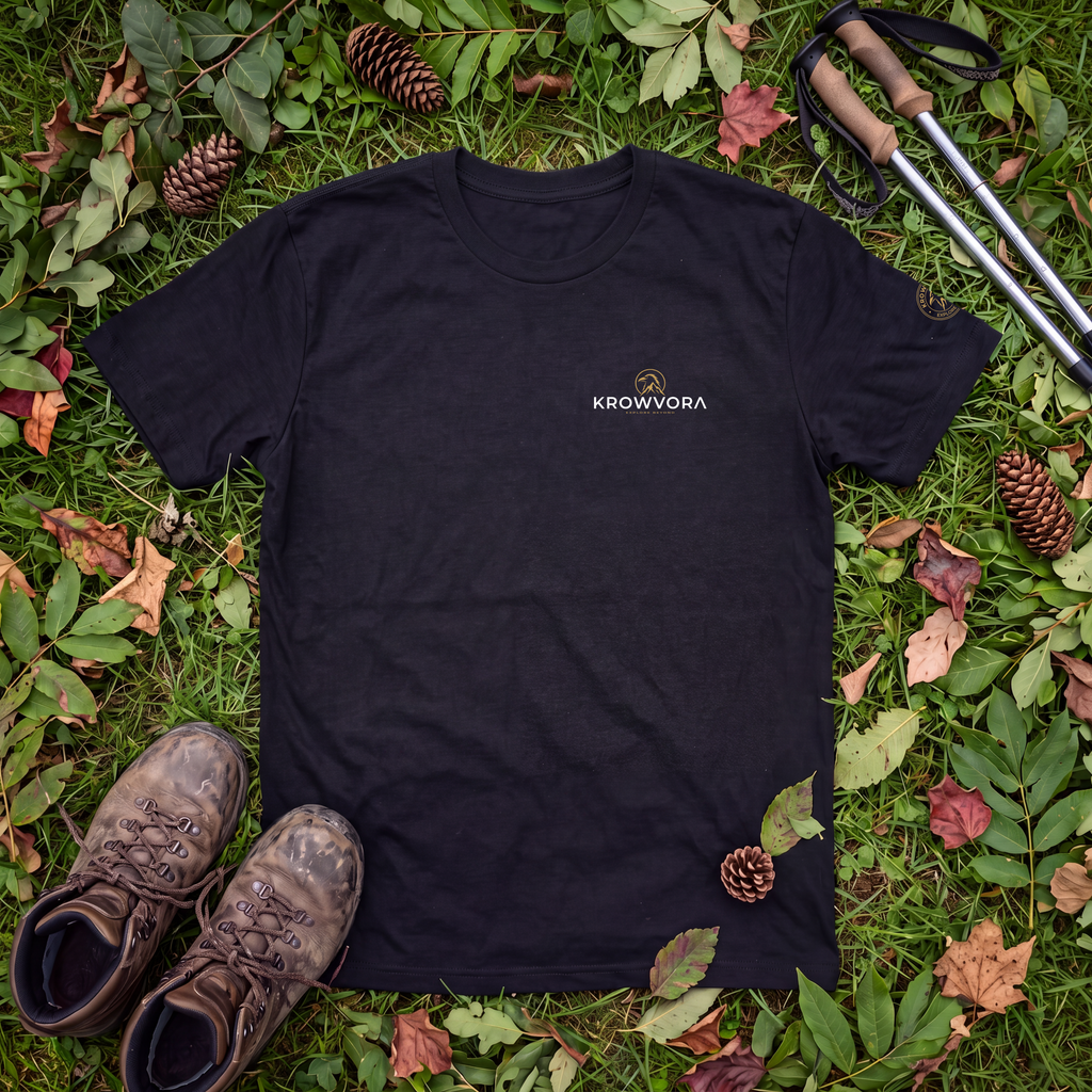 A black short-sleeve 100% cotton hiking t-shirt with a small white KROWVORA logo on the left chest, laid flat on a bed of green grass, fallen leaves, pinecones, hiking boots, and trekking poles.